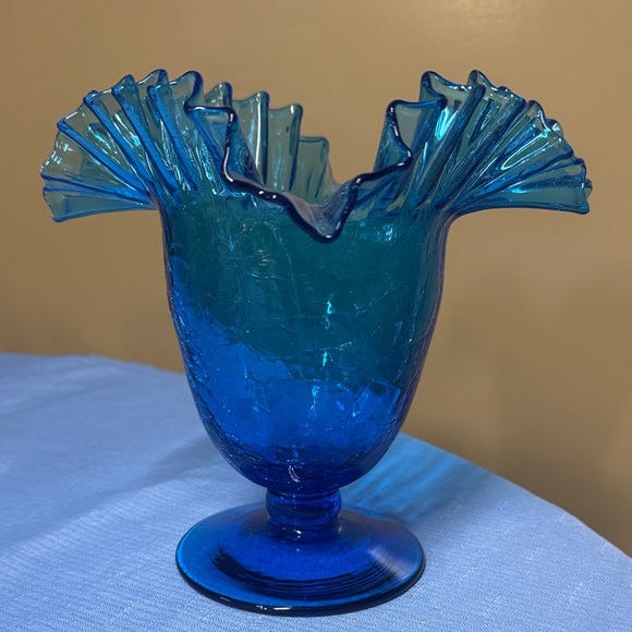 Blenko Crackle Glass Azure Blue Ruffle Blown Glass Pedestal Vase 7.75” x. 8”